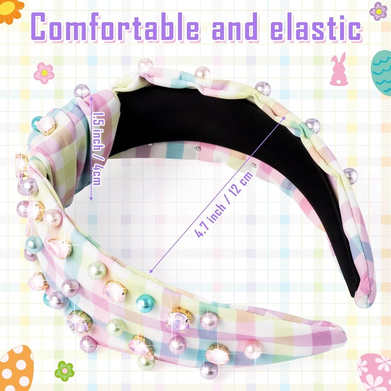 PANTIDE Easter Jeweled Knotted Headband - Colorful Pearl Rhinestone Beads Embellished Headband Non Slip Wide Top Knot Costume Hairband Hair Accessories Spring Birthday Gift for Women Girls (Plaid) - Image 2